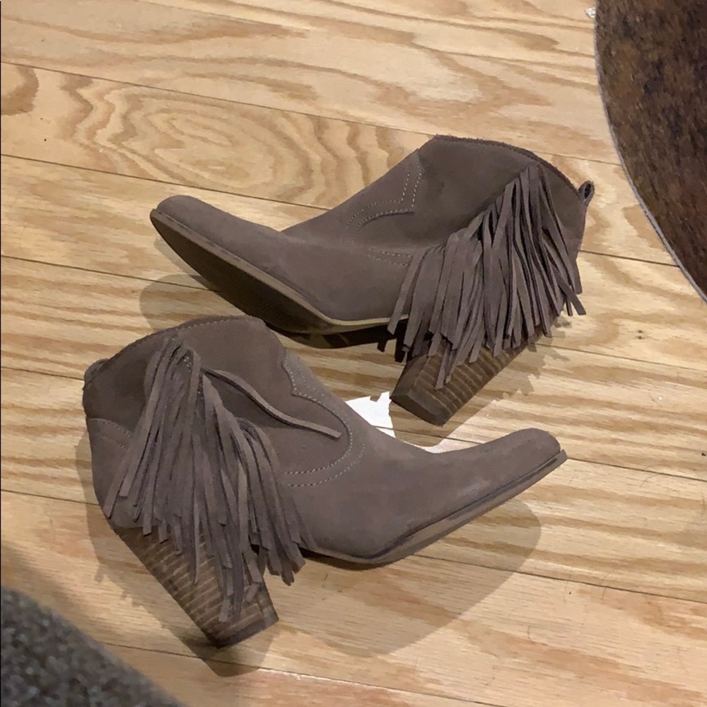 Tan suede fringe booties